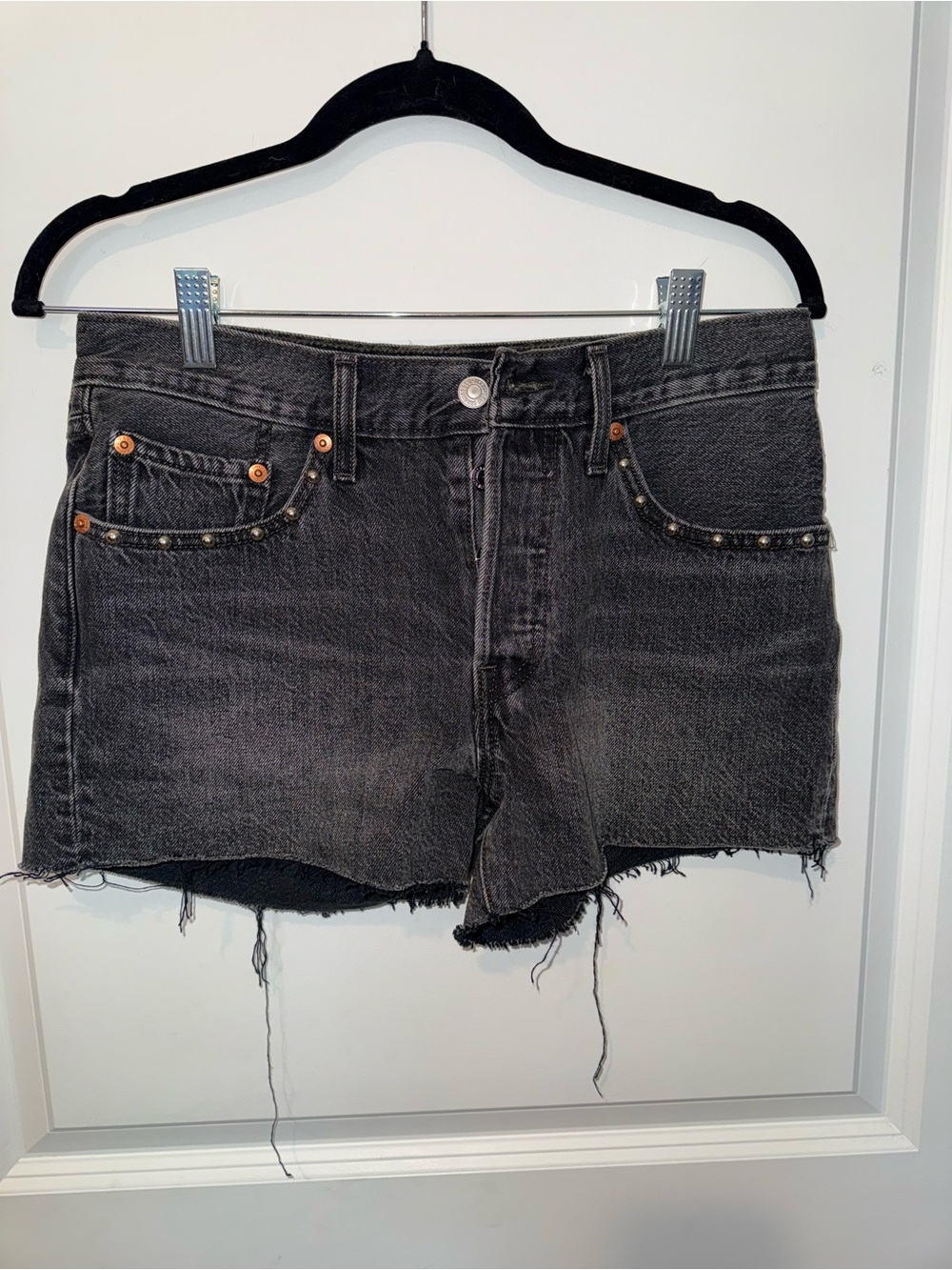 Levi's Black Distressed Denim Cutoff Shorts with Stud Accents